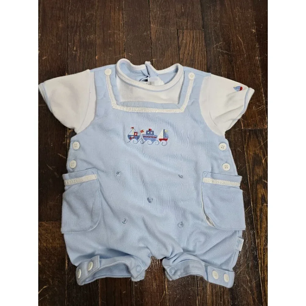 Vintage 90s Baby Boy Sailboat Blue Romper 3 Months